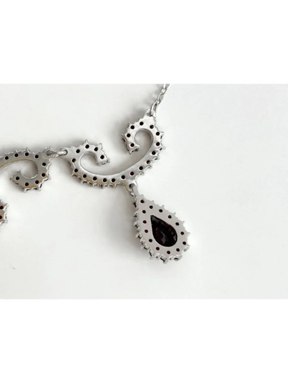 Art Deco Dark Red Teardrop Sterling Silver 925 Vintage Pendant Necklace - 19